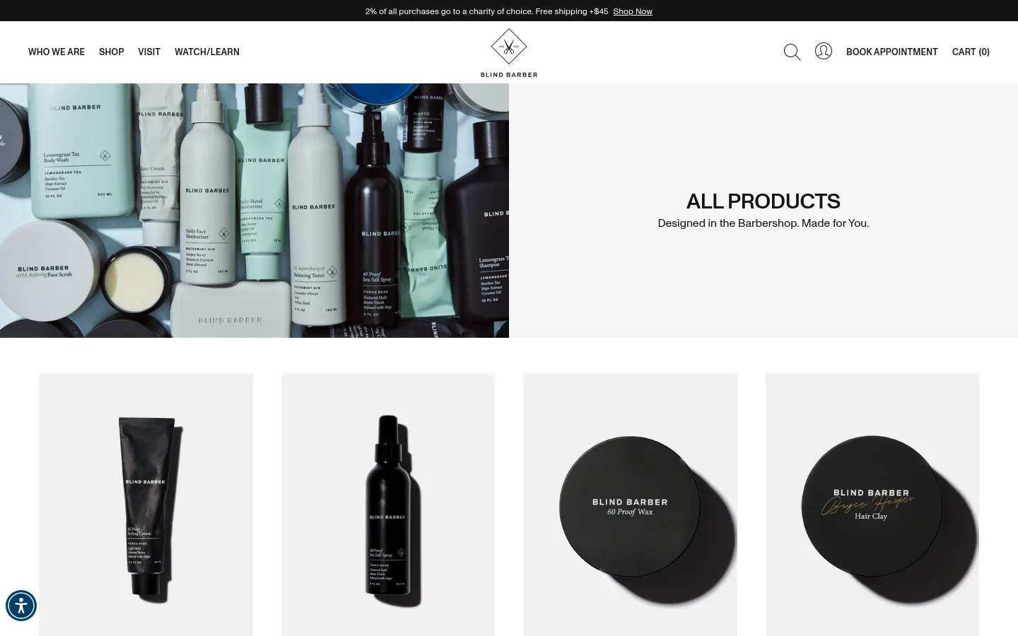 The desktop view shows a wide hero banner featuring a collection of Blind Barber grooming products in various containers against a clean background. To the right, the headline 'ALL PRODUCTS' is displayed with the subtext 'Designed in the Barbershop. Made for You.' Below the hero section, a grid of product images is arranged on a light gray background, including styling cream, sea salt spray, and hair clay.