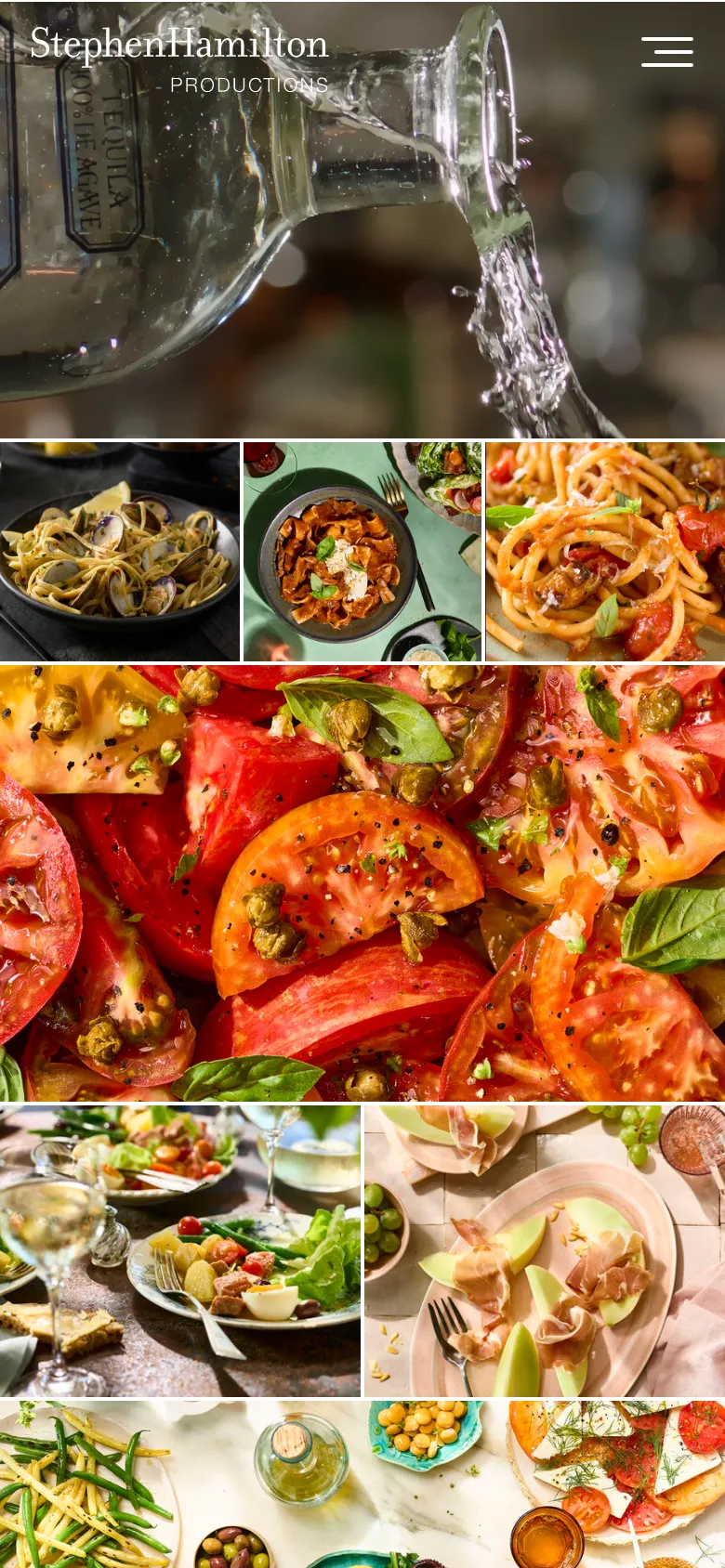The mobile version presents a vertically stacked layout, starting with a large hero video of people at a social gathering. The food photography grid follows, with images scaled to fit the narrower screen width. The top navigation is condensed into a hamburger menu icon, and the footer links remain at the bottom of the page.