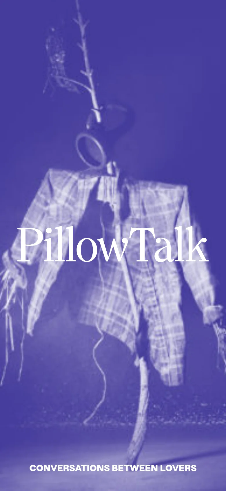 The mobile version maintains the same purple-tinted sculptural hero image and white serif 'PillowTalk' branding. The layout is vertically oriented to fit a narrow screen, with the tagline 'CONVERSATIONS BETWEEN LOVERS' positioned at the bottom of the viewport.