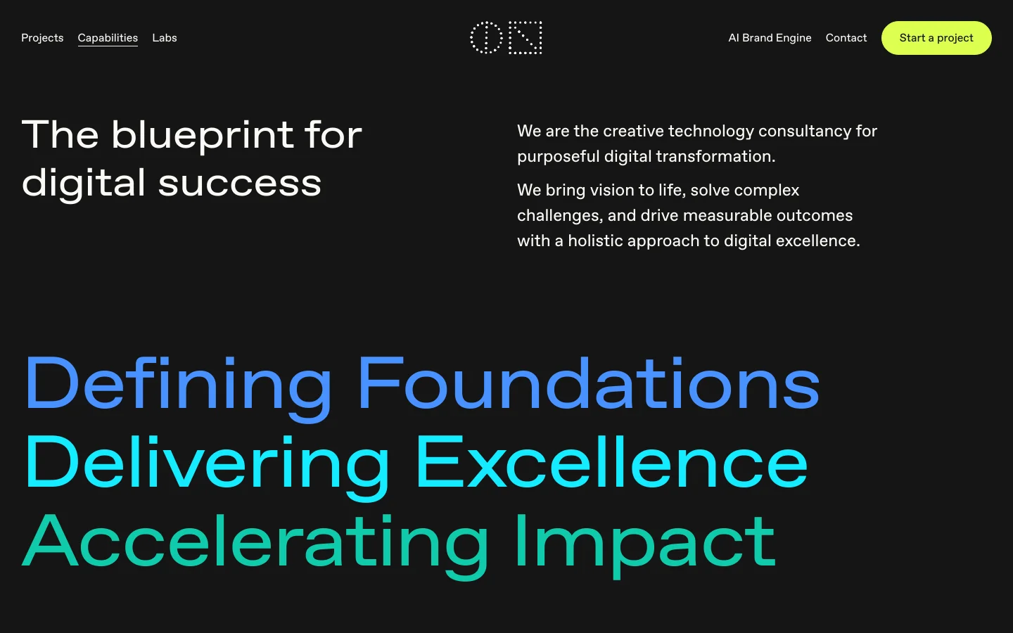 The desktop page features a dark theme with a minimalist header containing the company logo and navigation links. A large headline, 'The blueprint for digital success,' is positioned on the left, balanced by introductory text on the right. Below, three massive, colorful headings in blue, cyan, and teal serve as primary navigation anchors.
