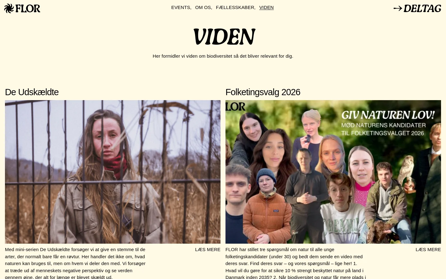 The desktop page features a cream background with a centered 'VIDEN' headline and a brief introductory sentence. Below, a two-column grid displays article cards, each containing a large image, a bold heading, descriptive text, and a 'LÆS MERE' call to action. The navigation menu is at the top with links for Events, Om Os, Fællesskaber, and Viden, alongside a 'DELTAG' button.