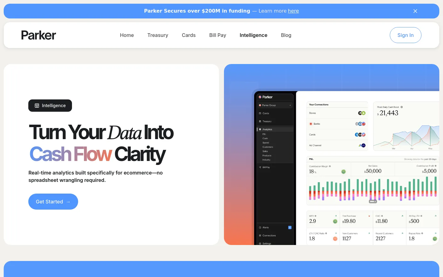 The desktop page features a clean, minimalist layout with a white background and a large hero section. On the left, bold black and blue typography reads 'Turn Your Data Into Cash Flow Clarity' above a blue 'Get Started' button, while the right side displays a large graphic of a smartphone and tablet showing a financial dashboard with colorful charts. A top navigation bar includes links for Home, Treasury, Cards, Bill Pay, Intelligence, and Blog, alongside a 'Sign In' button.