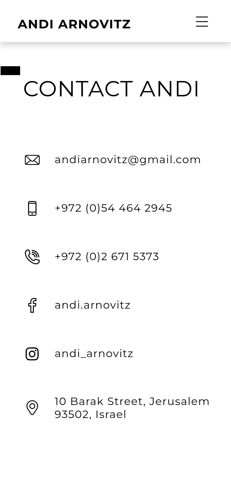 The mobile version presents a simplified layout with a centered 'ANDI ARNOVITZ' logo and a hamburger menu icon in the top right. The 'CONTACT ANDI' headline is prominent, followed by a single-column list of contact information with icons for email, phone, Facebook, Instagram, and location, all set against a clean white background.