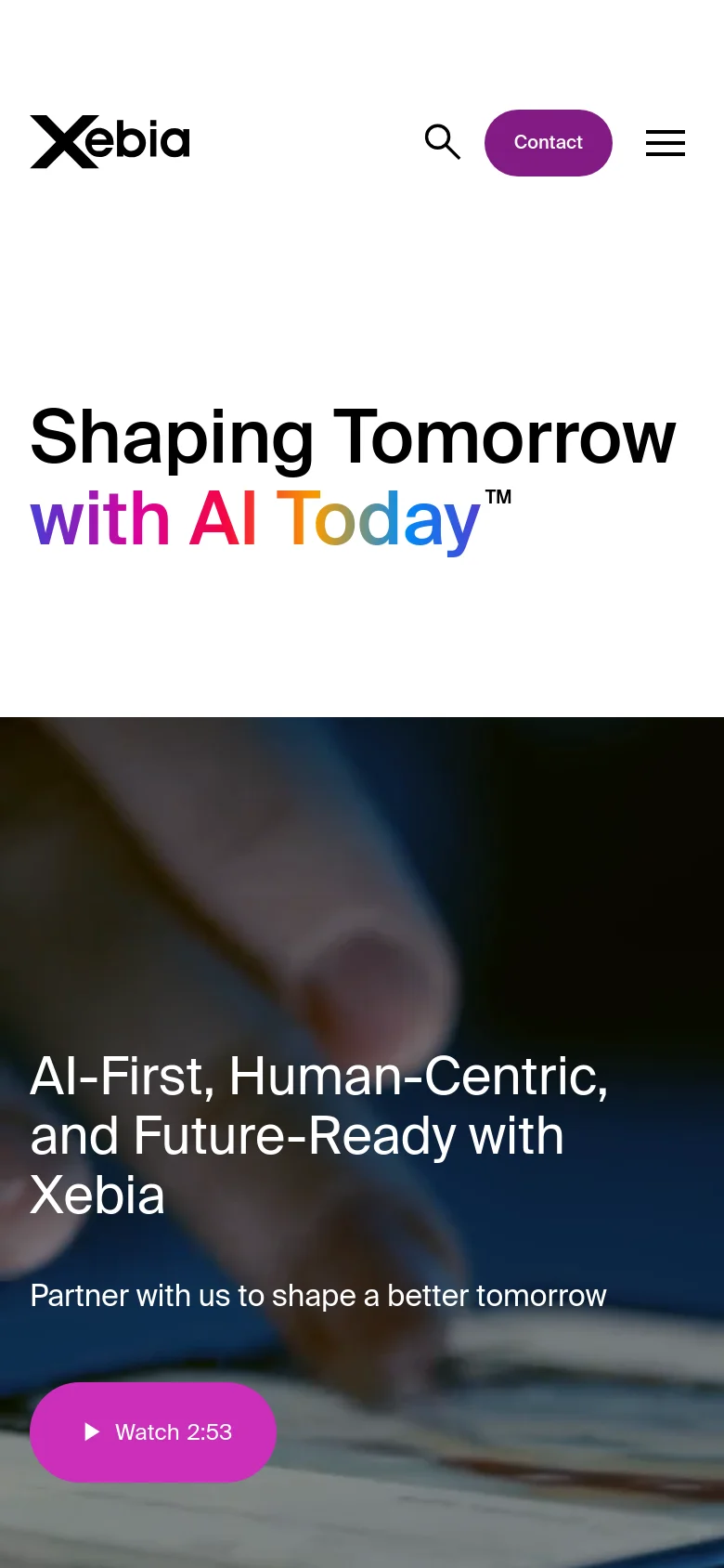 The mobile version simplifies the layout with a hamburger menu and a search icon in the header. The hero section maintains the large 'Shaping Tomorrow with AI Today' headline and the Earth space imagery, but the text and purple 'Watch 2:53' button are stacked vertically to fit the narrow screen.