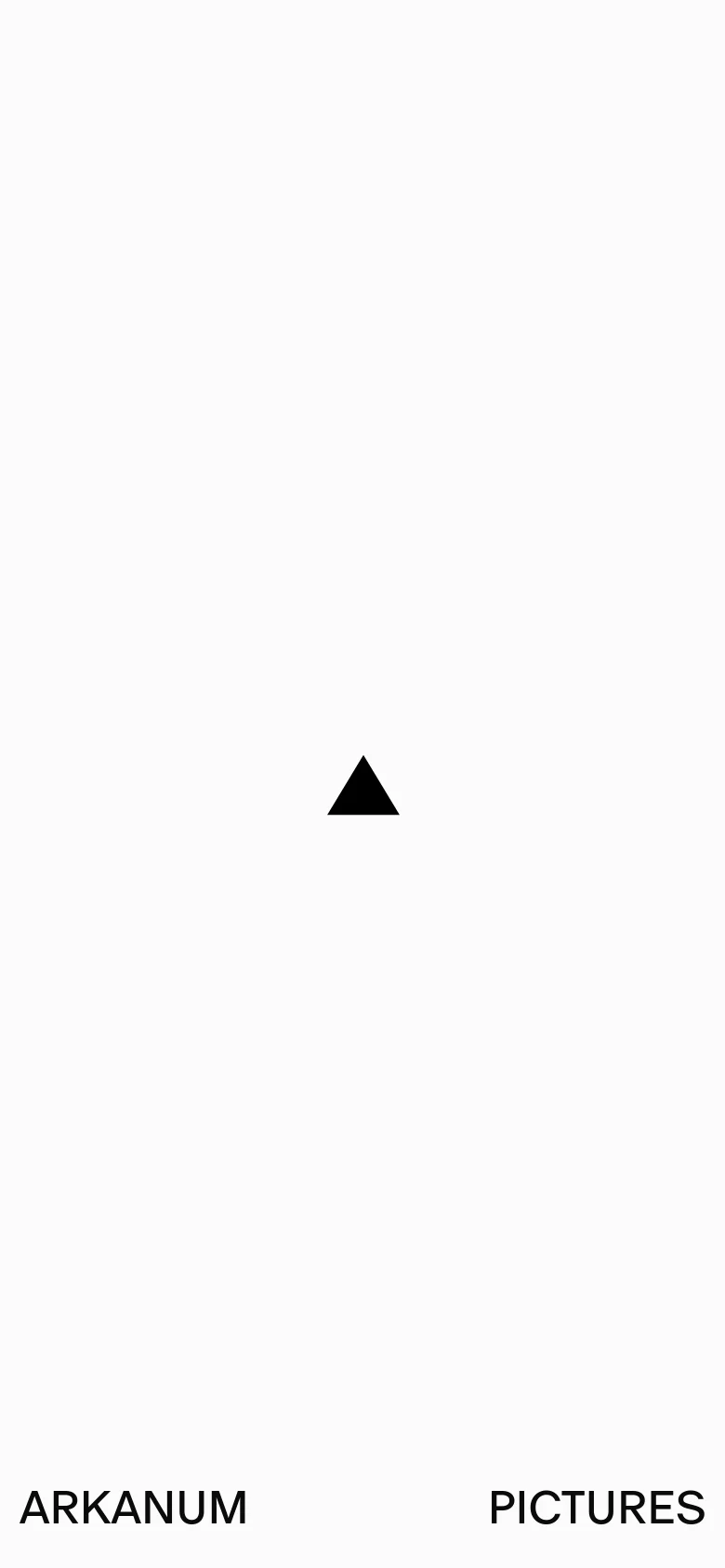 The mobile version maintains the minimalist white design with 'ARKANUM' and 'PICTURES' positioned at the bottom edges. The central black triangle is smaller and more centered within the vertical viewport compared to the desktop version.