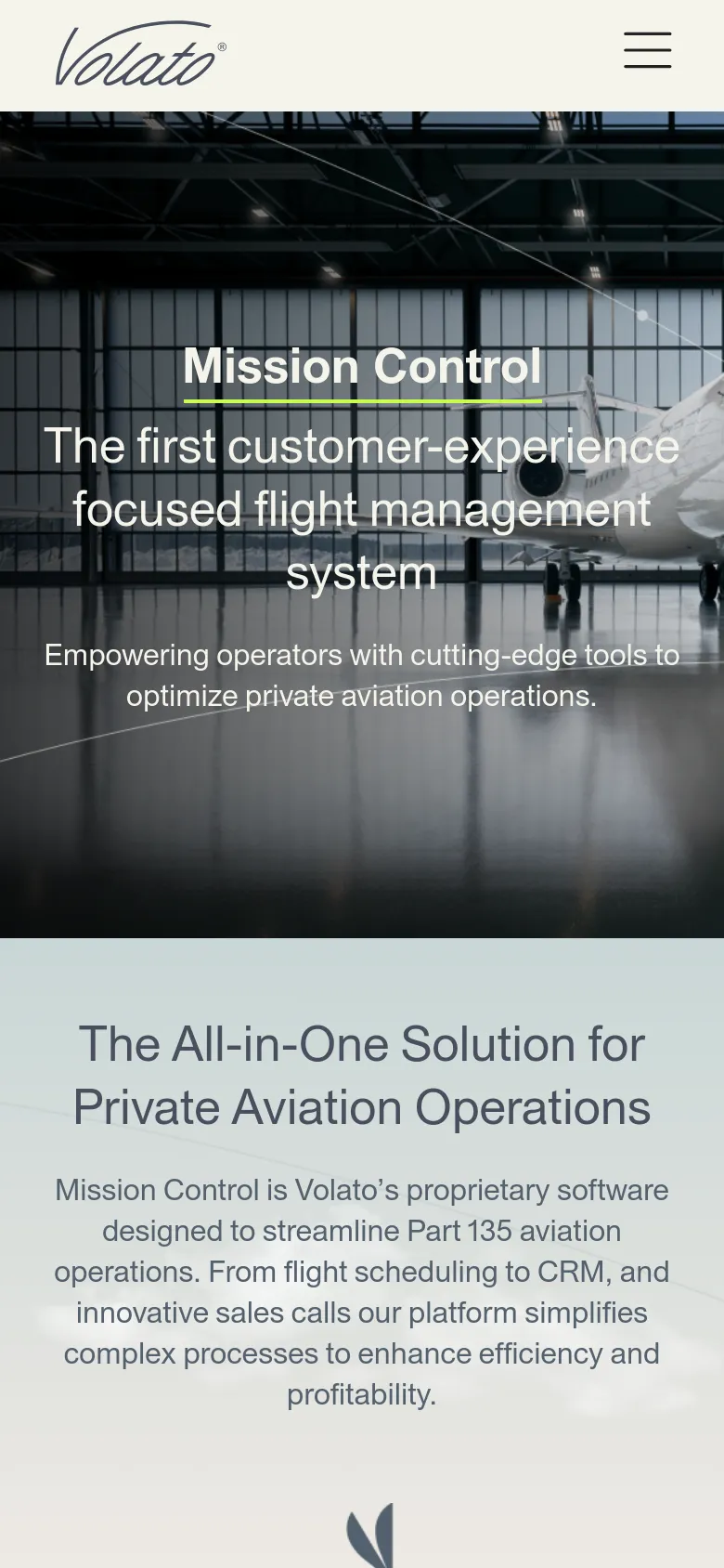 The mobile version simplifies the layout, replacing the top navigation bar with a hamburger menu icon next to the Volato logo. The hero section remains prominent with the jet imagery and text, but the text is centered and stacked vertically to fit the narrower screen. The overall color palette and high-contrast typography are maintained for readability on a smaller device.