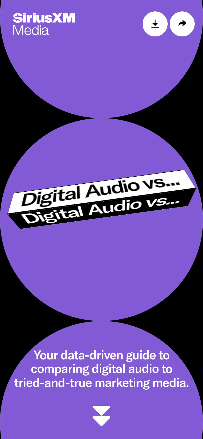 The mobile version maintains the dark theme and purple circular motifs but uses a vertical layout. The SiriusXM Media logo is at the top left, with download and share icons at the top right. The central 3D text and main headline are stacked vertically, followed by a 'Download the Report' button and a large downward chevron at the bottom of the screen.
