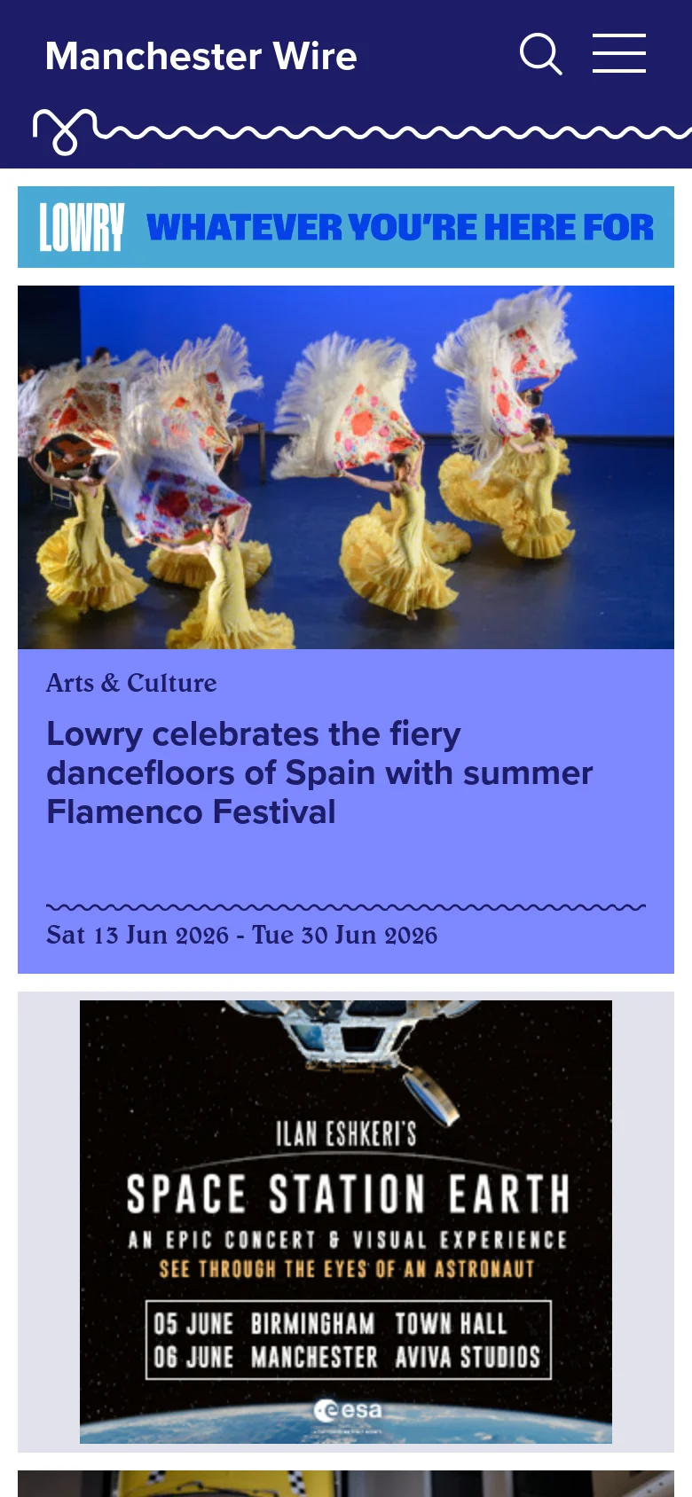 The mobile version displays a simplified header with the Manchester Wire logo, a search icon, and a hamburger menu icon. The content layout shifts to a single-column vertical stack, showing the large 'Cosmic Titans' banner followed by full-width article cards and promotional banners.