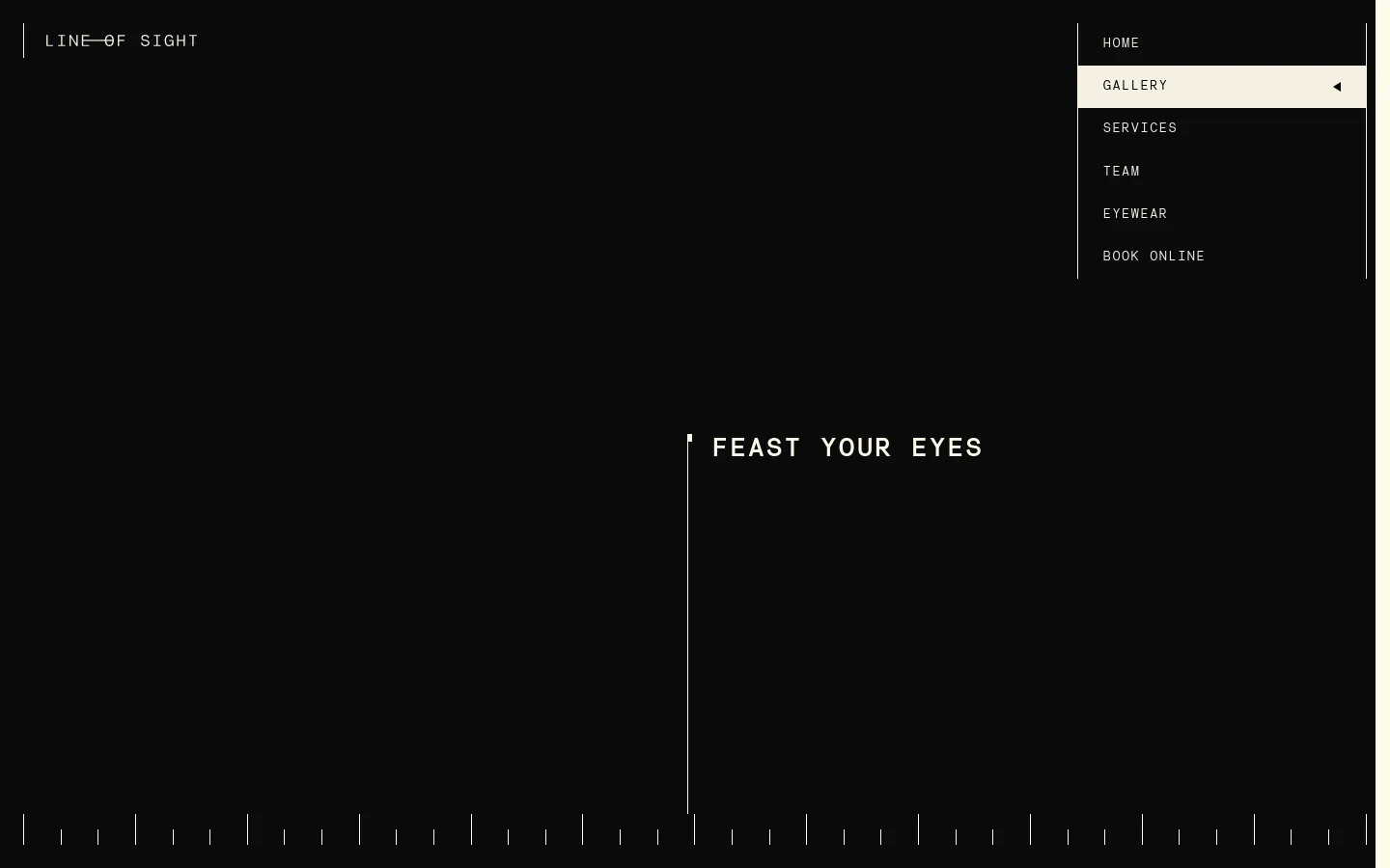 The desktop Gallery page features a minimalist dark theme with a large hero headline reading 'FEAST YOUR EYES' centered against a black background. A navigation menu is visible on the top right, and a series of artistic images and poetic text are arranged in a vertical scroll layout. The design uses thin white lines and a clean, high-contrast aesthetic.