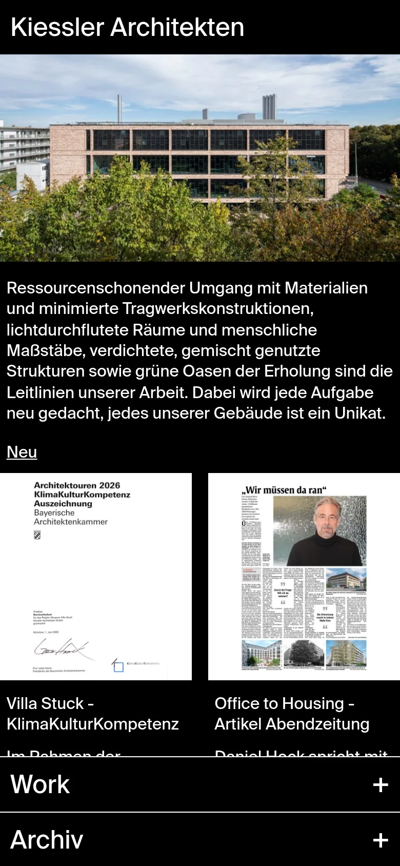 The mobile version presents a single-column vertical layout, starting with the large hero building image and the firm's mission statement. News items like 'Villa Stuck' and 'Office to Housing' are stacked vertically with images above their respective headlines. Navigation links for 'Work' and 'Archiv' appear as expandable accordion menus at the bottom.