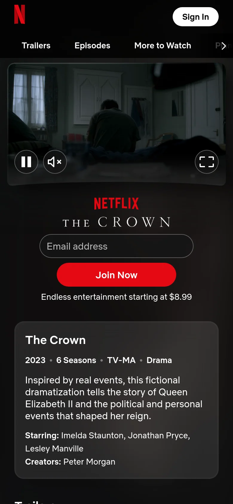 The mobile version presents a vertically stacked layout with a simplified navigation bar at the top. The hero section features a video player with playback controls, followed by the Netflix logo, series title, an email input field, and a prominent red 'Join Now' button. A detailed information card for The Crown sits at the bottom of the view.