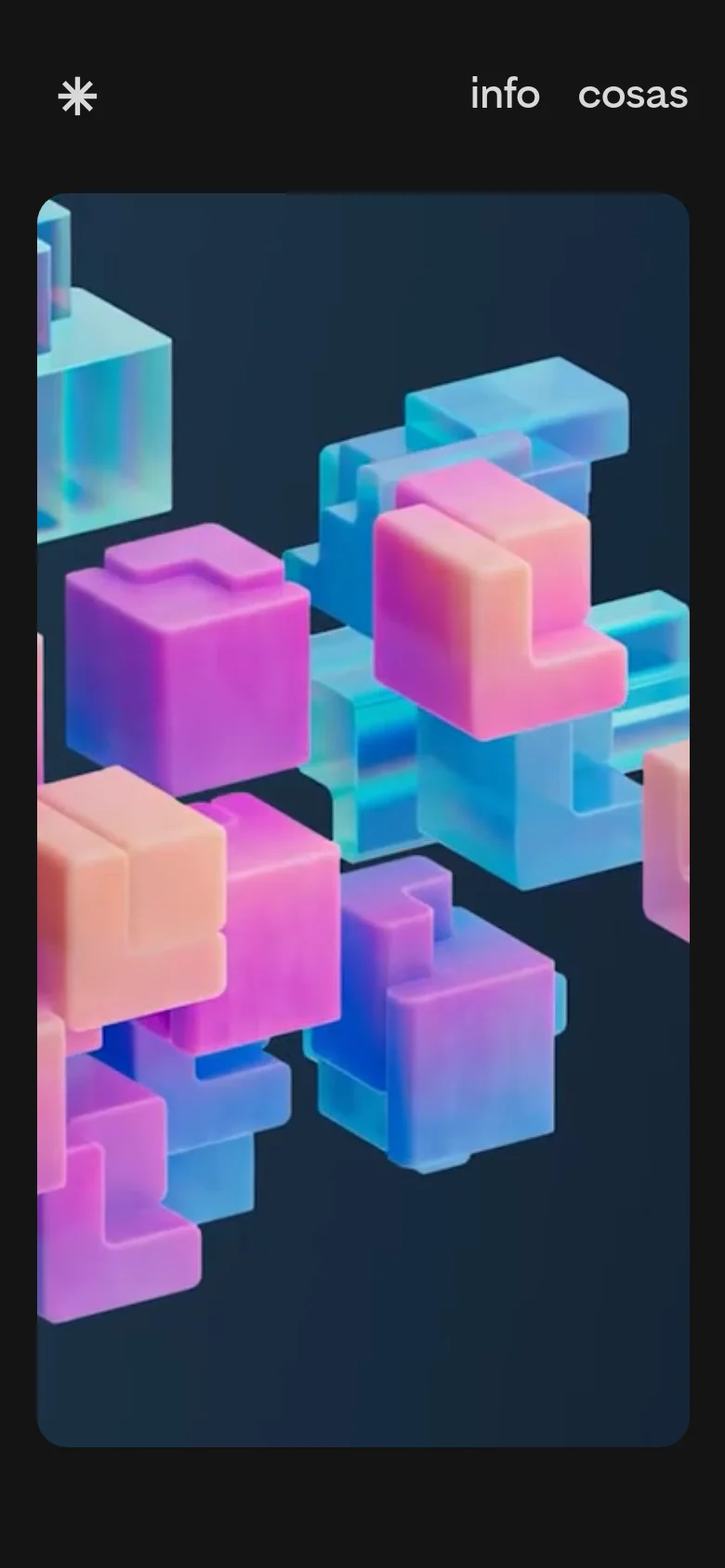 The mobile version maintains the dark theme and minimalist header with the star icon and navigation links. The hero imagery is scaled down to fit the portrait orientation, focusing on a close-up view of the vibrant, translucent 3D blocks within the magazine spread.