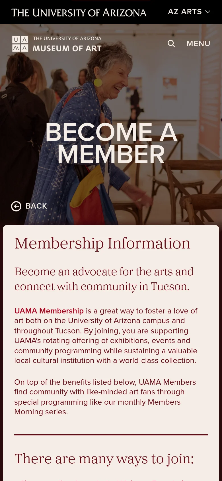 Mobile version of the UAMA membership page with a stacked layout. The hero section features a centered Become a Member headline over a gallery photograph, a hamburger menu icon, and a simplified vertical flow for membership information.