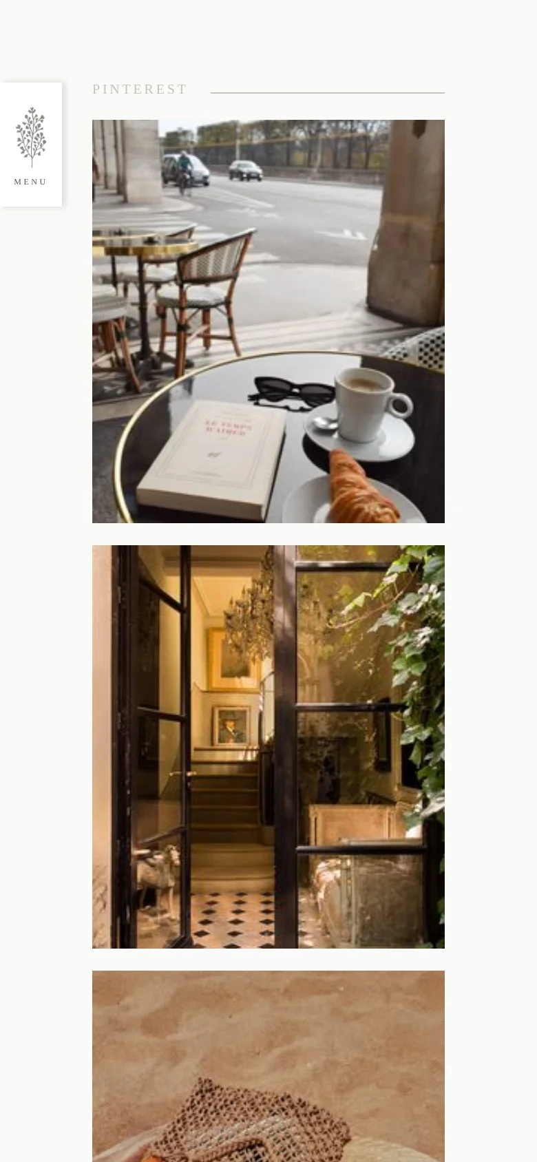The mobile version presents a vertically stacked layout of the Pinterest lifestyle images, making them larger and easier to view on a small screen. The navigation menu is condensed into a small icon on the left, and the footer links are arranged in a single column for easier scrolling.