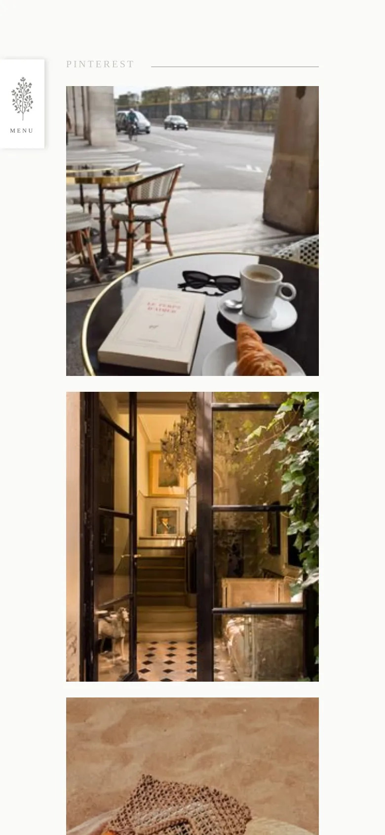 The mobile version presents a vertically stacked layout of the Pinterest lifestyle images, making them larger and easier to view on a small screen. The navigation menu is condensed into a small icon on the left, and the footer links are arranged in a single column for easier scrolling.