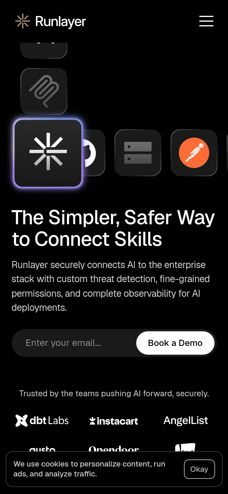 Runlayer mobile homepage with a stacked layout. The hero headline and subtext are centered above a simplified email input field and a prominent Book a Demo button, set against a dark background with minimalist UI elements.