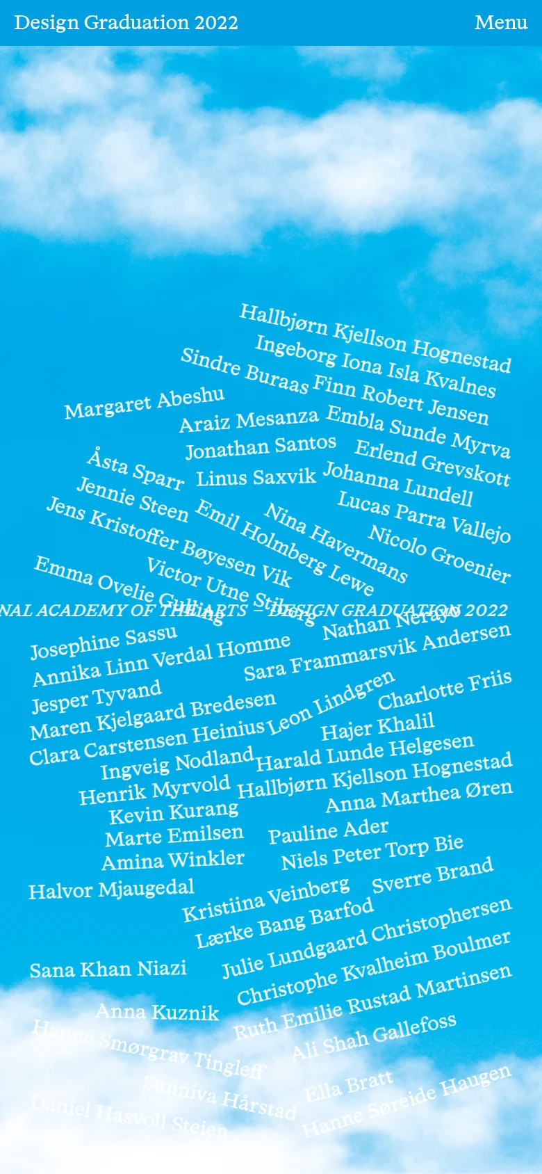 The mobile version maintains the blue sky and cloud background but presents the student names in a denser, more vertically stacked layout. The top navigation bar remains consistent with the title and menu button, but the overall composition is more compact to fit the narrow screen.