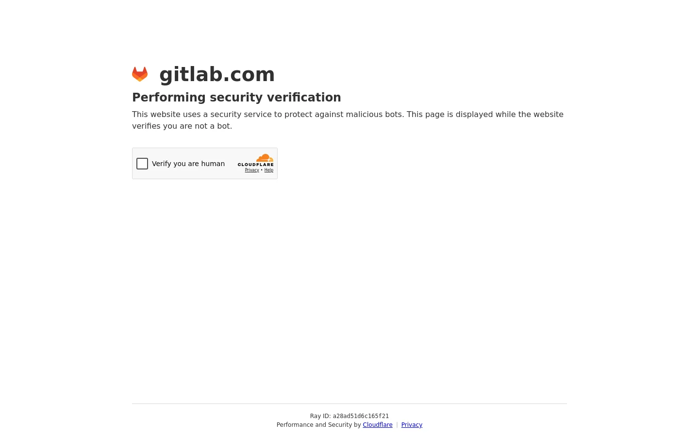 A security verification page for gitlab.com on a white background. It features the orange GitLab logo, a headline reading 'Performing security verification', and a Cloudflare Turnstile widget with a checkbox labeled 'Verify you are human'.