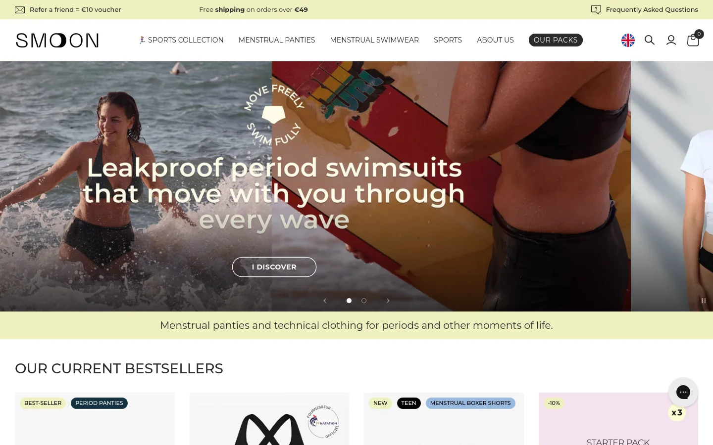 The Smoon homepage features a large hero image of a woman in the ocean with the headline 'Leakproof period swimsuits that move with you through every wave' and an 'I DISCOVER' call to action button. Below the hero section, a light green banner introduces the brand's mission, followed by a 'OUR CURRENT BESTSELLERS' section displaying a grid of various menstrual panties in different colors and patterns. The layout is clean with a white and light green color palette and a top navigation bar containing links for collections and account settings.