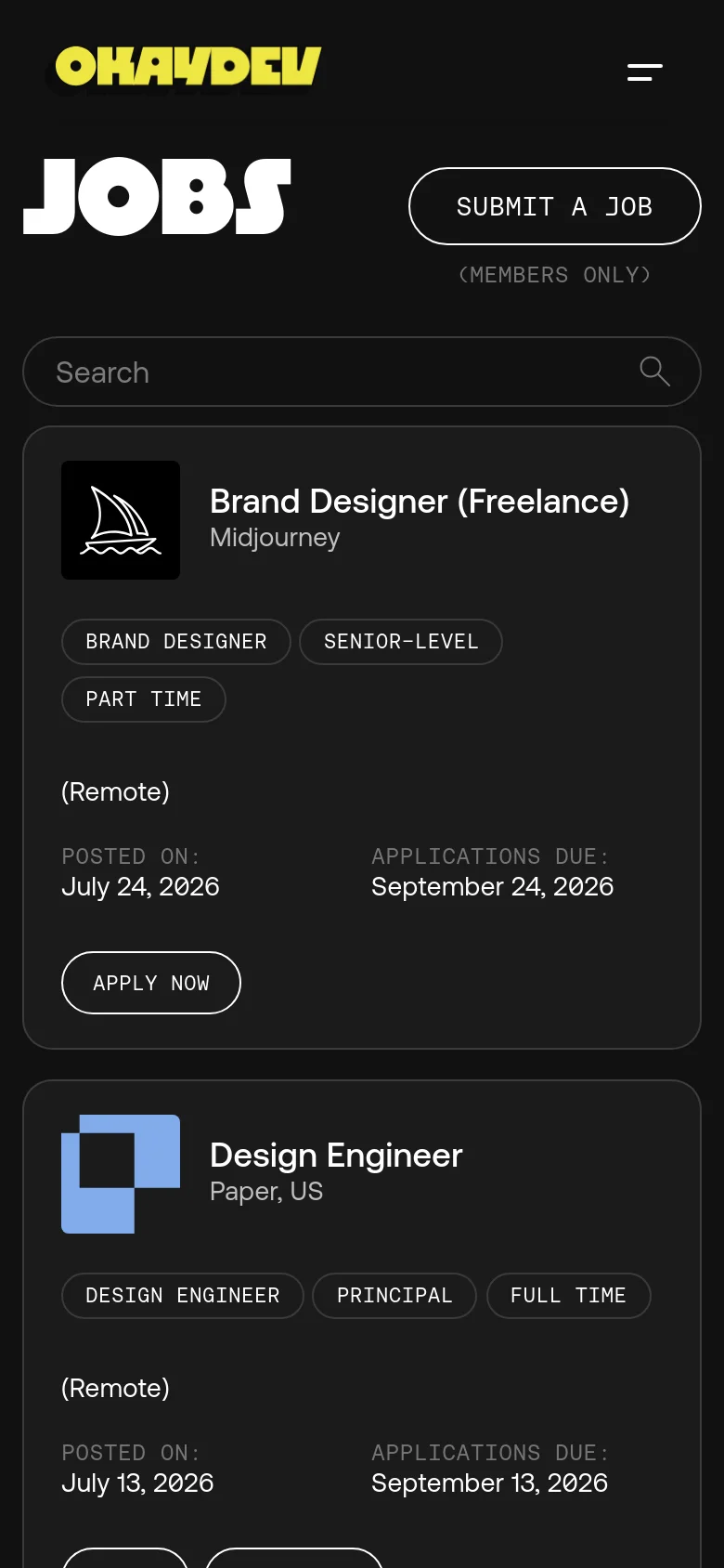 The mobile version maintains the dark theme and 'JOBS' branding but uses a vertical stack layout. The filter bar is replaced by a single search input field, and individual job listings are presented as large, full-width cards containing the job title, company, tags, and application details.