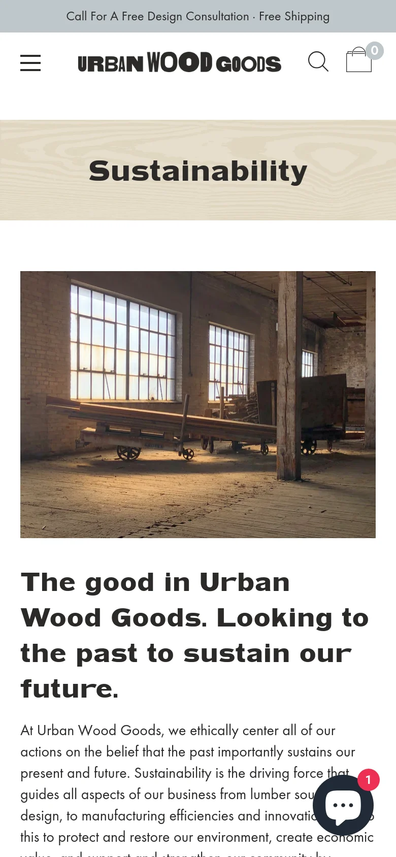 The mobile version simplifies the layout with a hamburger menu, logo, search icon, and shopping bag icon in the header. The wood grain 'Sustainability' hero banner remains at the top, followed by the industrial workshop photograph which now spans the full width of the screen. The mission statement text is stacked vertically beneath the image for easier scrolling.