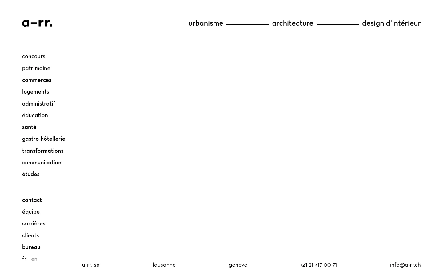 The desktop version of the Carrières page features a minimalist white background with black text. The layout includes the 'a-rr.' logo on the top left, main service categories like urbanisme and architecture across the top, and a vertical list of navigation links on the left side. Contact information and language toggles are positioned at the bottom.