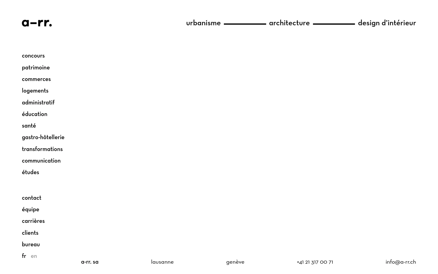 The desktop version of the Carrières page features a minimalist white background with black text. The layout includes the 'a-rr.' logo on the top left, main service categories like urbanisme and architecture across the top, and a vertical list of navigation links on the left side. Contact information and language toggles are positioned at the bottom.