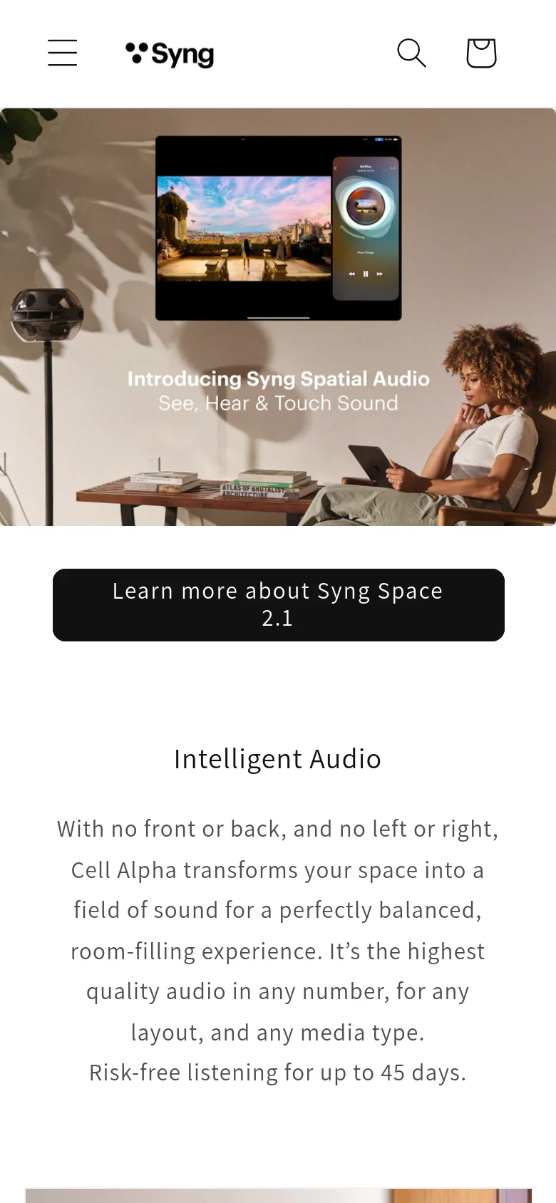 The mobile version simplifies the layout into a single-column view with a hamburger menu icon on the left and a search and shopping bag icon on the right. The hero image and text are scaled down, followed by the 'Intelligent Audio' section which presents text in a centered, easy-to-read vertical stack. The dominant aesthetic remains clean with high-quality lifestyle photography and ample white space.
