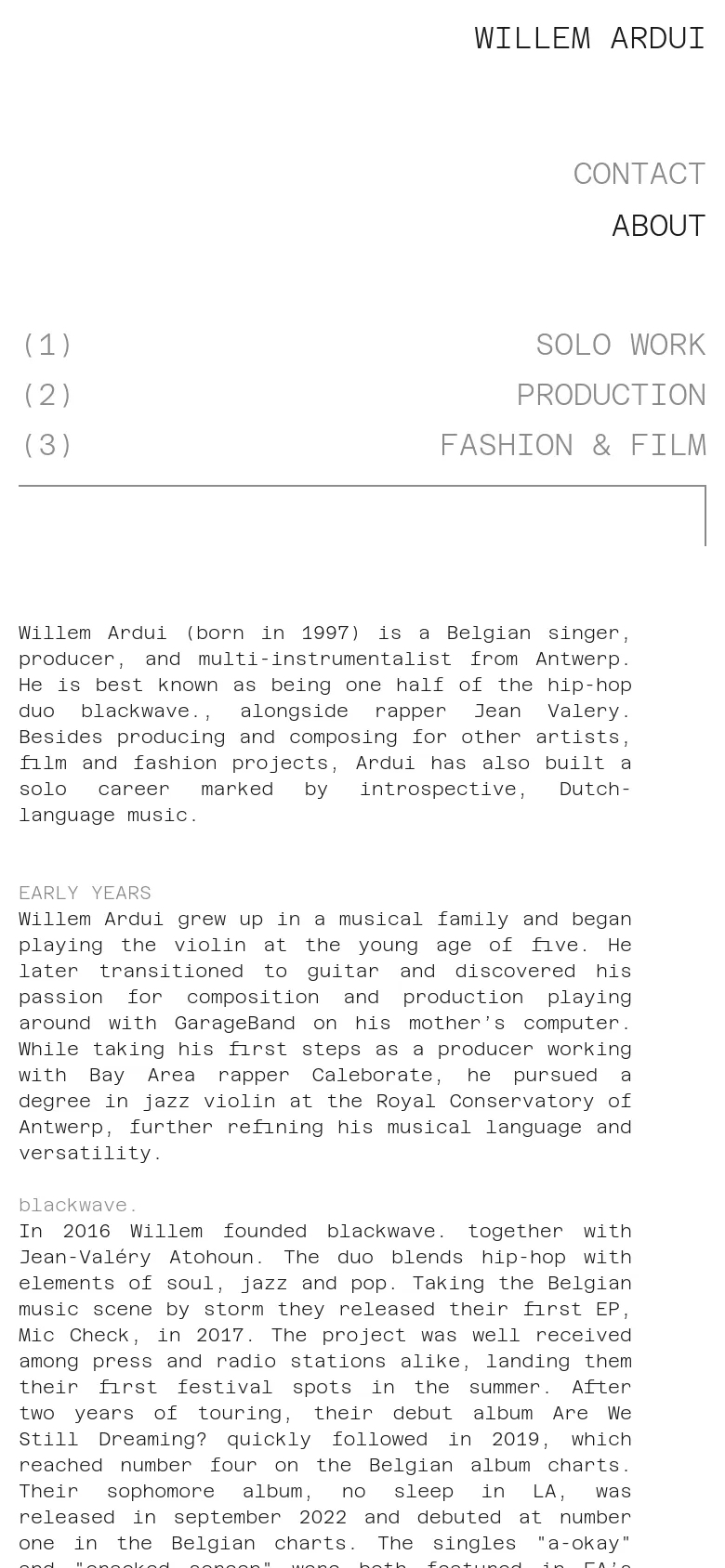 The mobile version presents a simplified, single-column vertical layout with a focus on readability. The navigation links are listed prominently at the top, followed by the biographical text about Willem Ardui. The large hero portrait seen on desktop is absent or repositioned to prioritize the text content on the smaller screen.