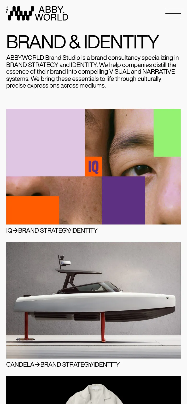 The mobile version presents a single-column layout with the ABBY.WORLD logo and a hamburger menu at the top. The headline and descriptive text are stacked vertically above a series of large, full-width project images that scroll vertically, each accompanied by a text label.