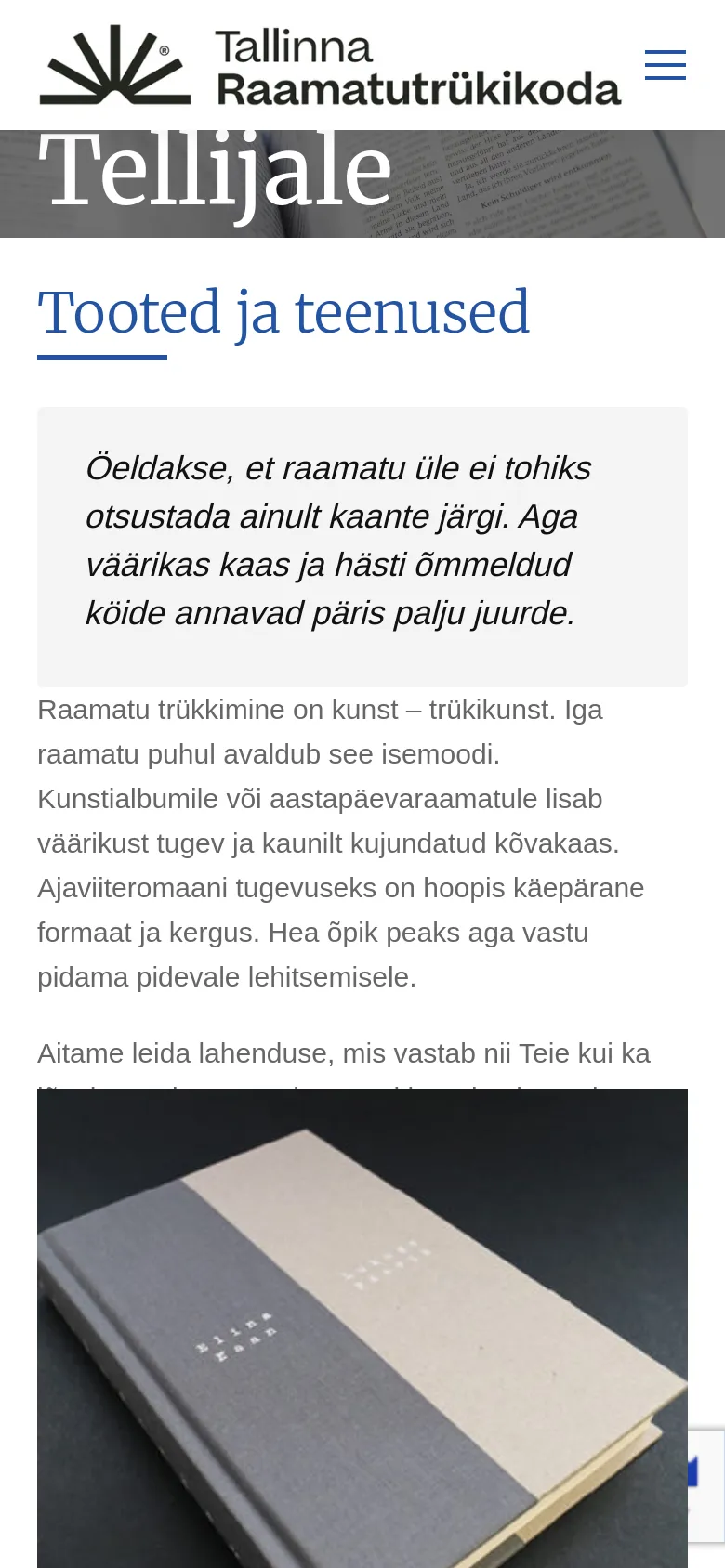 The mobile version uses a single-column layout, stacking the hero image, headline, and text vertically. The navigation is condensed into a hamburger menu icon at the top right, and the large red book image is positioned below the introductory text.