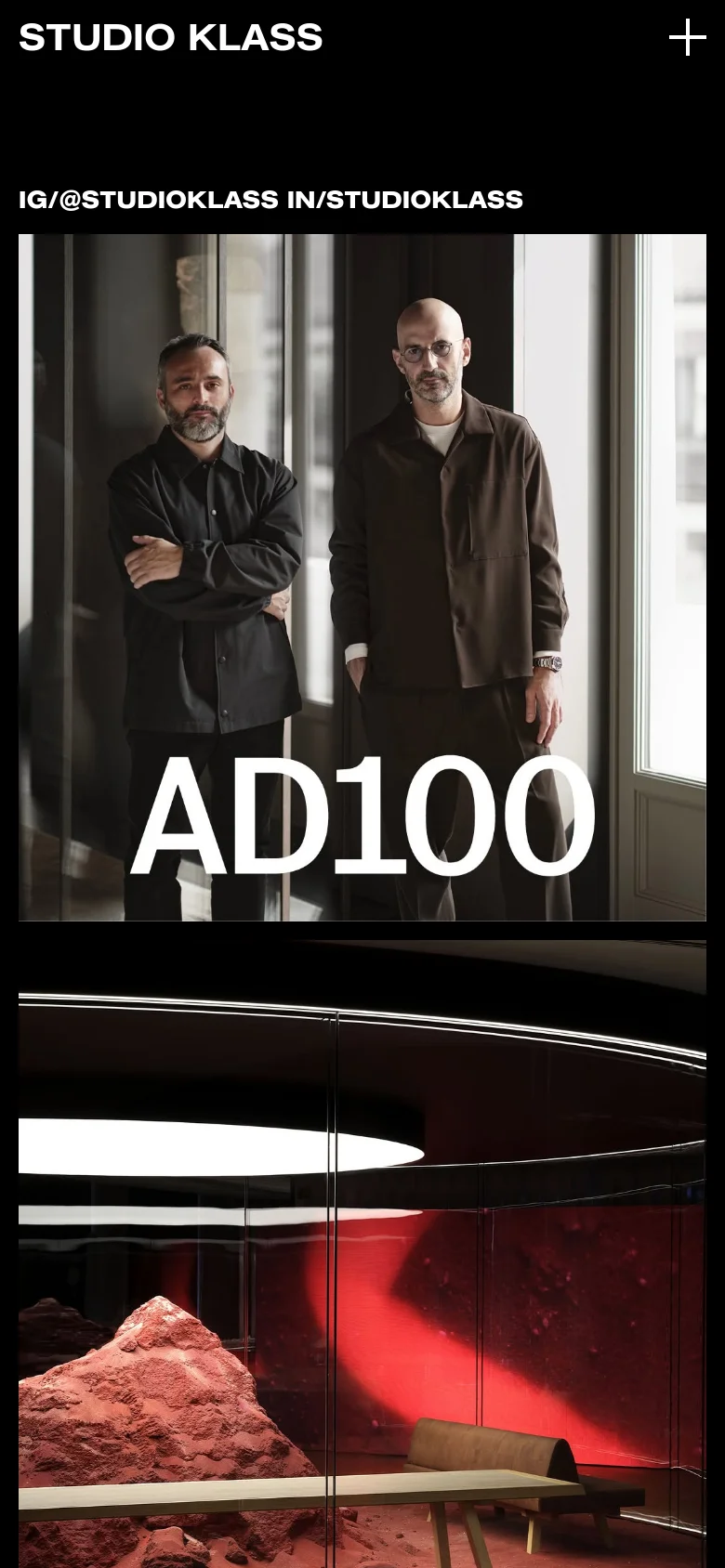 The mobile version maintains the dark theme but transitions to a vertical scrolling layout. The header is simplified with the logo and a plus icon, while the large imagery, such as the 'AD100' feature, is stacked vertically to fit the narrower screen width.