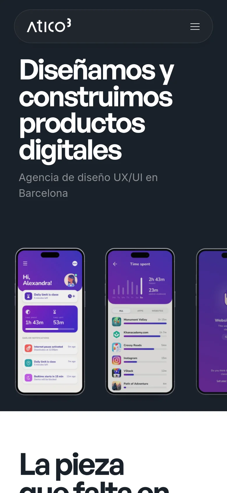 The mobile version uses a condensed layout with a dark background and a hamburger menu icon for navigation. The large hero headline is stacked vertically, followed by the subheadline and a single row of mobile app interface mockups that are scaled to fit the screen width.
