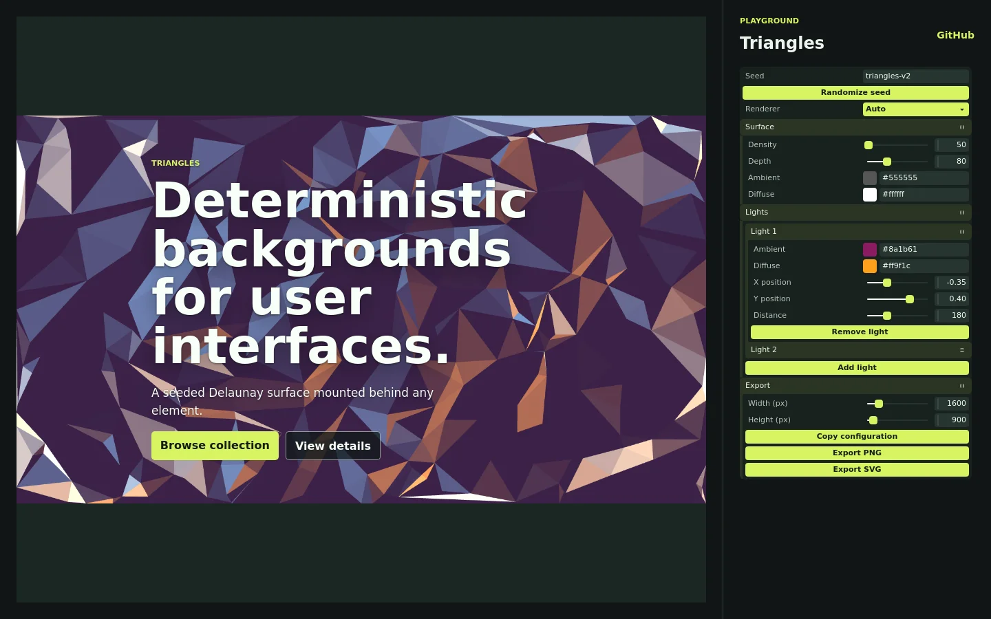 The desktop homepage features a large hero section with a dark background and a colorful, geometric Delaunay triangle pattern. The headline 'Deterministic backgrounds for user interfaces' is prominently displayed in white text, accompanied by two buttons: a lime green 'Browse collection' and a dark 'View details'. A sidebar on the right contains various configuration controls for seeds, rendering, surface settings, lights, and export options.