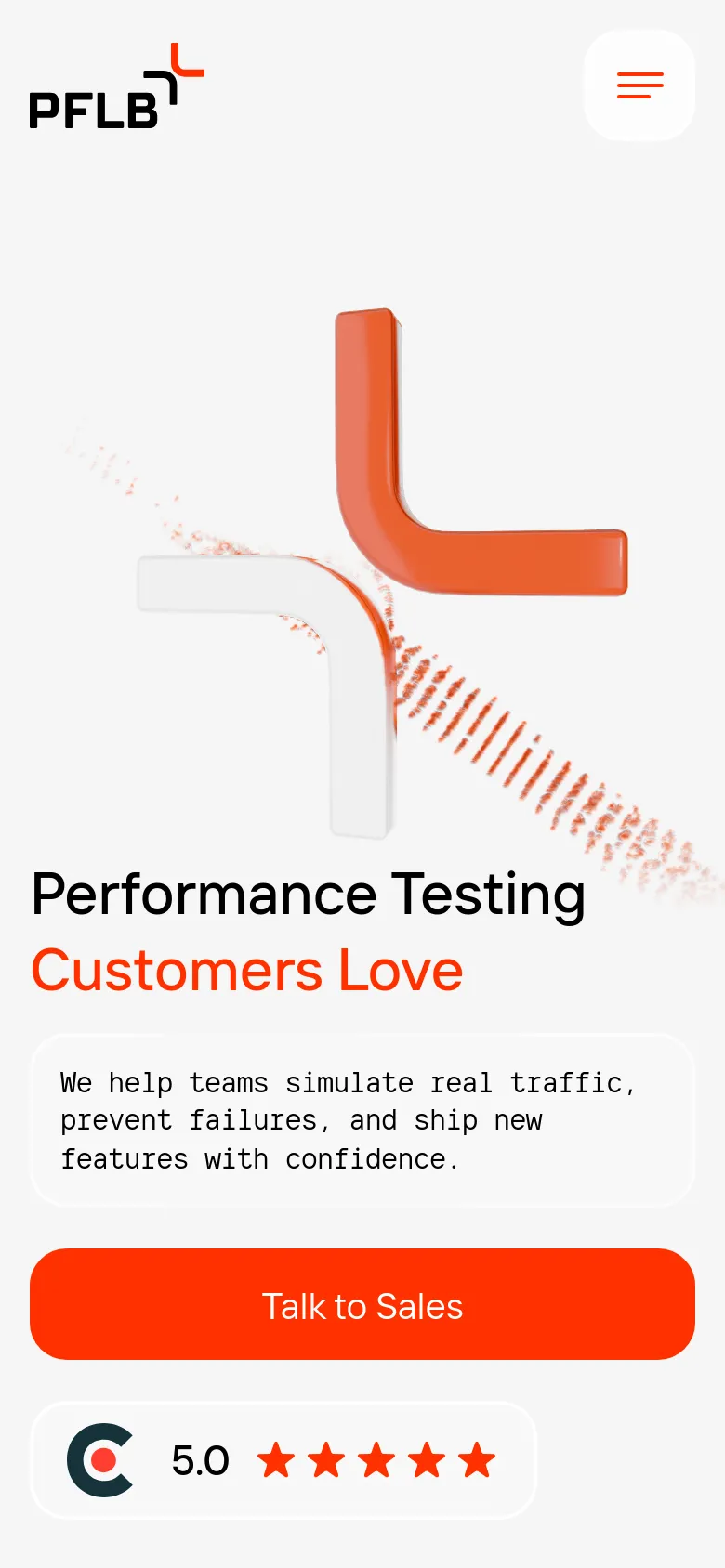 The mobile version presents a simplified vertical layout with a centered logo and a hamburger menu icon at the top. The hero content is stacked vertically, featuring the large 'X' graphic above the headline, description, a full-width orange 'Talk to Sales' button, and the 5.0-star rating badge at the bottom.