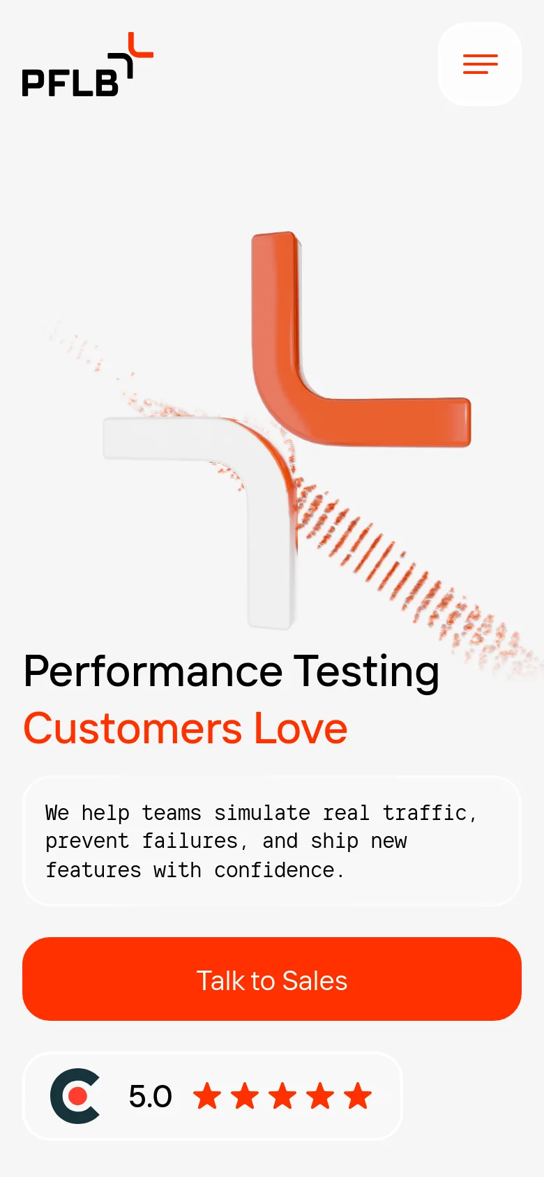 The mobile version presents a simplified vertical layout with a centered logo and a hamburger menu icon at the top. The hero content is stacked vertically, featuring the large 'X' graphic above the headline, description, a full-width orange 'Talk to Sales' button, and the 5.0-star rating badge at the bottom.