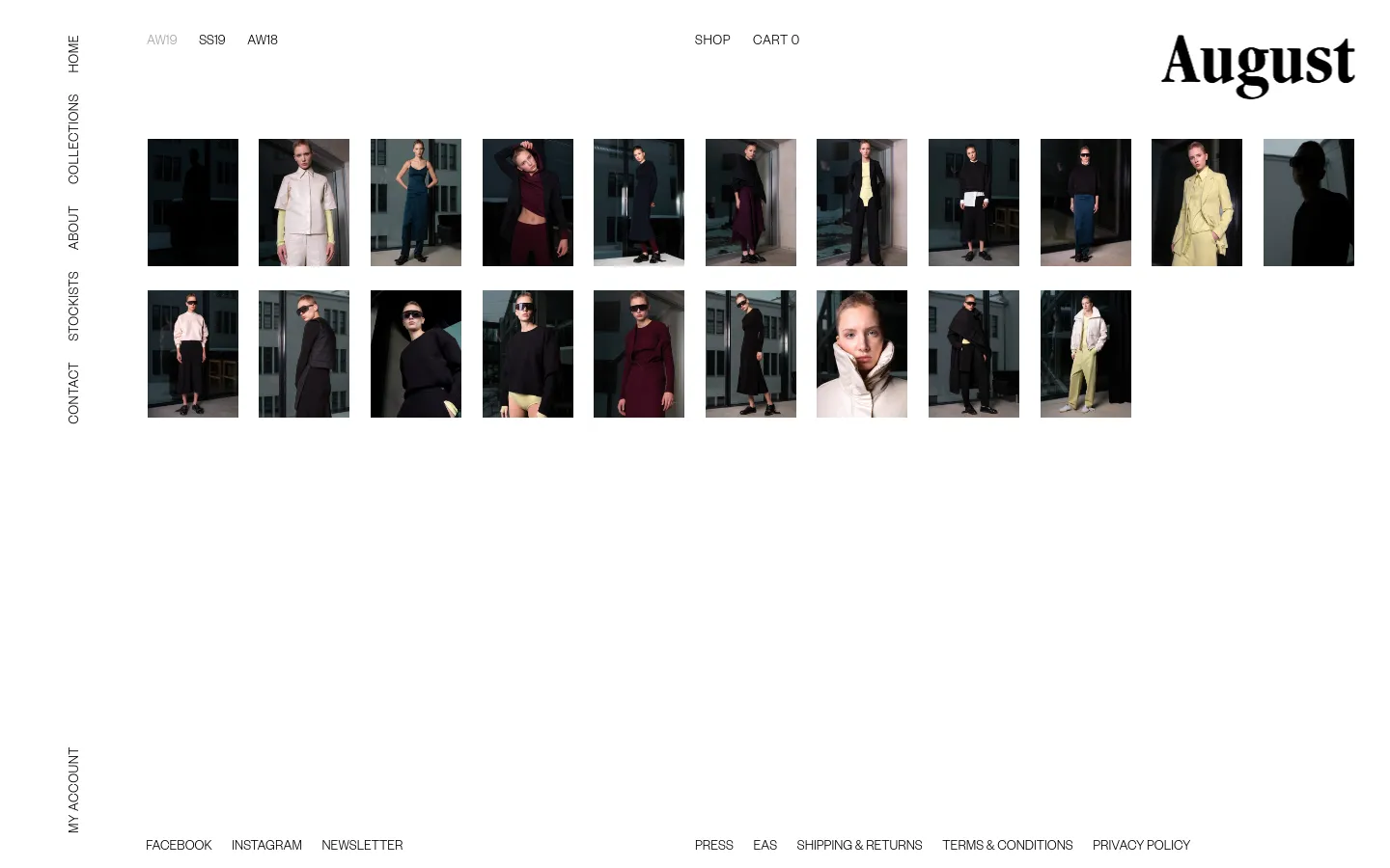 The desktop version of the Studio August AW19 collection page features a minimalist white layout with a vertical navigation menu on the left and a large brand logo on the top right. A grid of portrait-oriented fashion photography displays models in various clothing items, with collection links (AW19, SS19, AW18) and shop/cart options at the top.