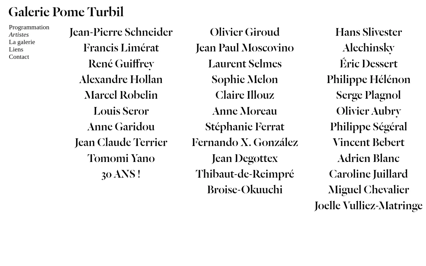 The desktop page for Galerie Pome Turbil features a clean, minimalist white background with black serif text. A vertical navigation menu is on the left, while the main content displays a multi-column list of artist names arranged in three columns.
