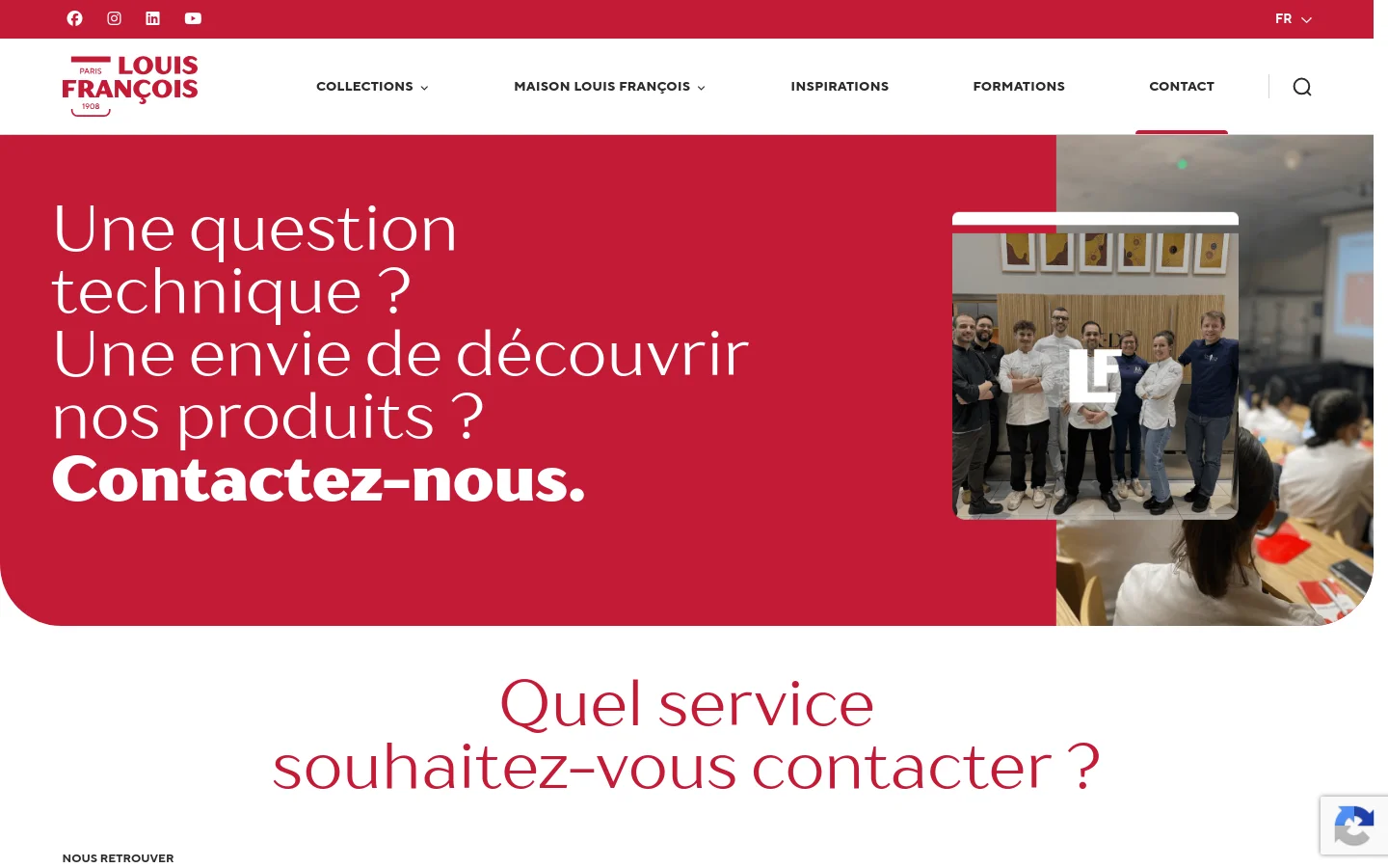 The desktop contact page features a large red hero section with white text asking if the user has technical questions or wants to discover products. To the right, a photo shows a group of professionals in a workshop setting. Below, a white section asks 'Which service would you like to contact?' in red text, followed by contact options.