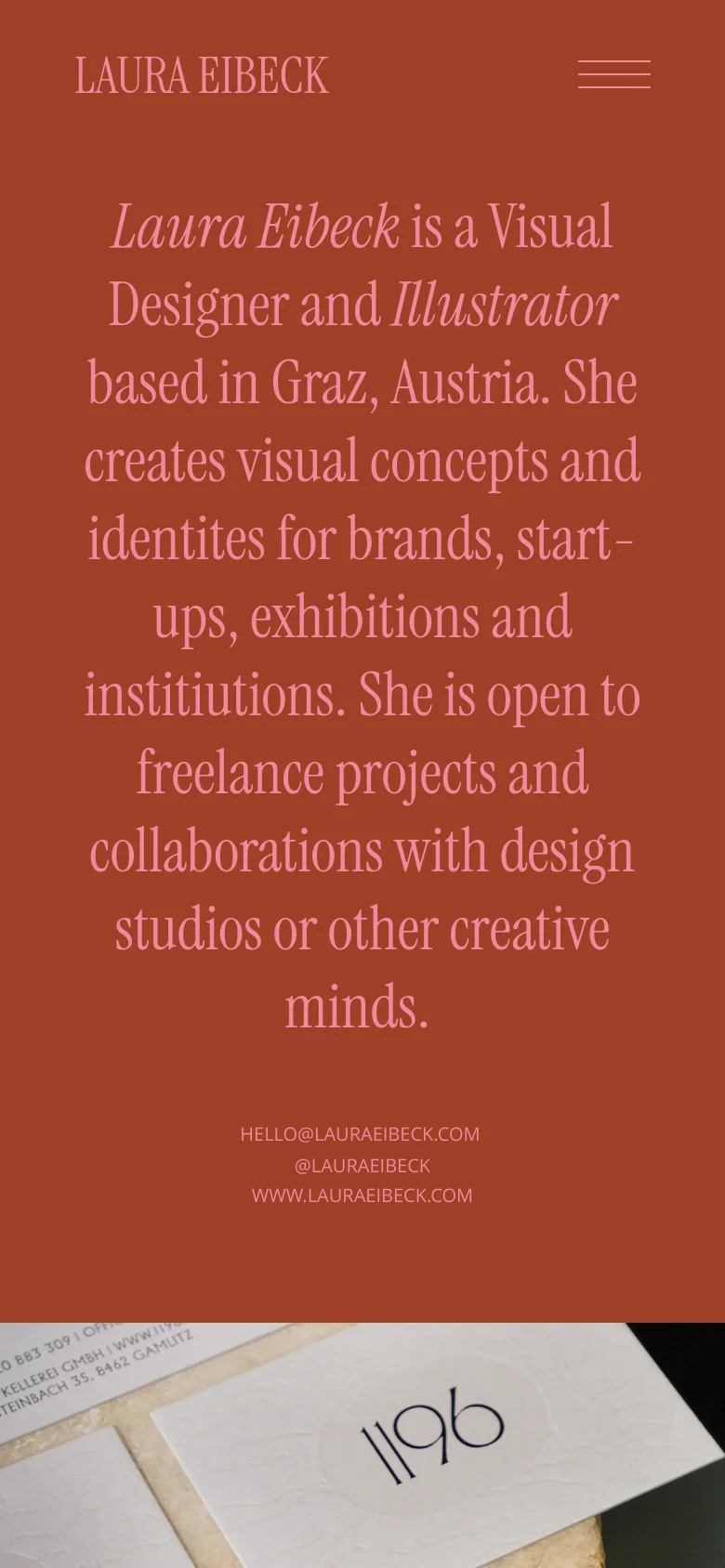 The mobile version maintains the terracotta background and white serif text but uses a condensed layout. The navigation menu is replaced by a three-line hamburger icon in the top right, and the introductory text is centered and scaled to fit the narrower screen width.