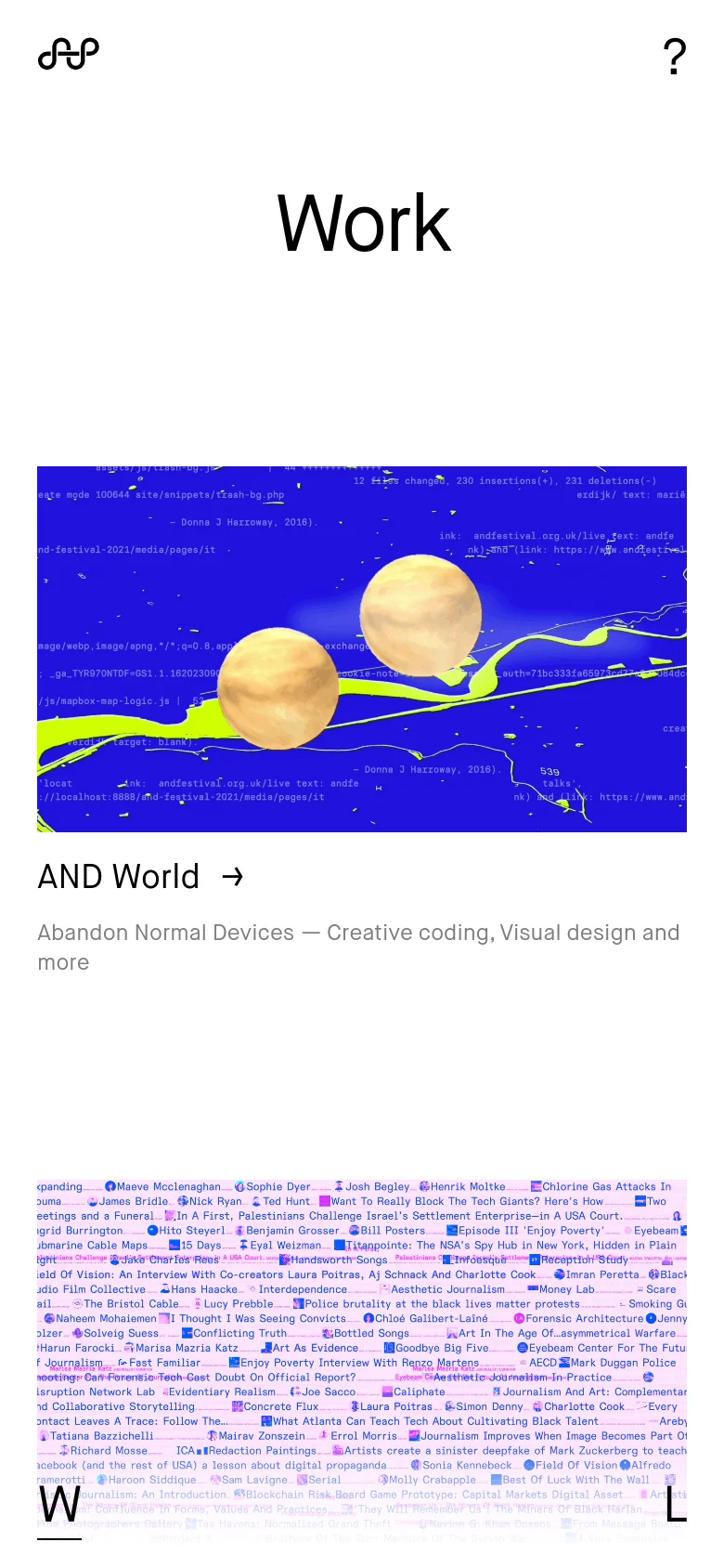 The mobile version maintains the minimalist white background and large 'Work' headline. The project preview image and text are stacked vertically, with the colorful abstract graphic appearing above the project title and description to fit the narrow screen width.