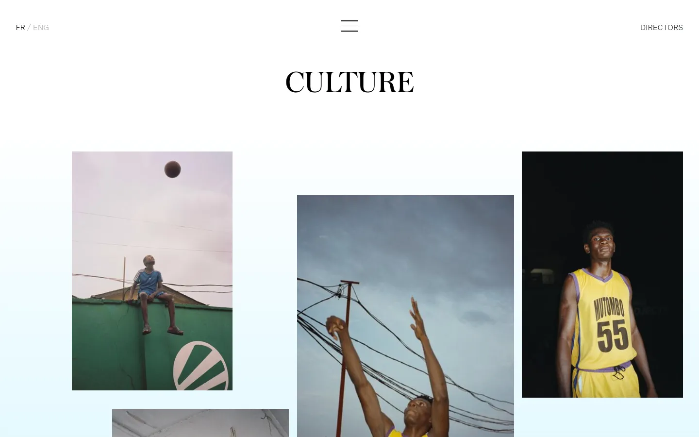 The desktop version of the Culture page features a minimalist white background with the large serif headline 'CULTURE' centered at the top. Below the headline, a masonry-style grid displays various cinematic photographs of people and landscapes in various sizes. The navigation includes language options on the left and a 'DIRECTORS' link on the right.
