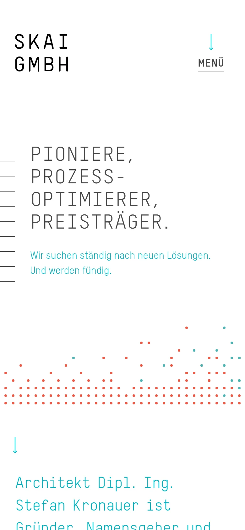 The mobile version maintains the minimalist aesthetic but uses a stacked layout. The large headline is centered and takes up more vertical space, with a 'MENÜ' hamburger icon located at the top right. The decorative dot pattern remains at the bottom, and the content flows vertically for easier scrolling.