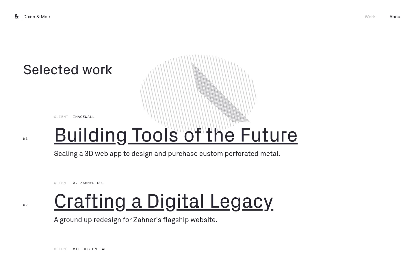 The desktop page features a minimalist white layout with black text and geometric gray patterns. A 'Selected work' heading is followed by a list of projects, each including a project number, client name, large underlined title, and a brief description. The navigation bar at the top includes the company logo and links for 'Work' and 'About'.