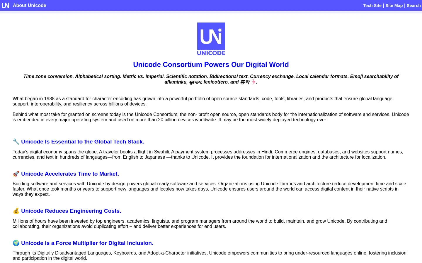 The desktop page features a white background with a blue Unicode logo at the top center. A large blue headline reads 'Unicode Consortium Powers Our Digital World' above a list of technical capabilities and several sections of text, each headed by a blue title and a colorful emoji icon.