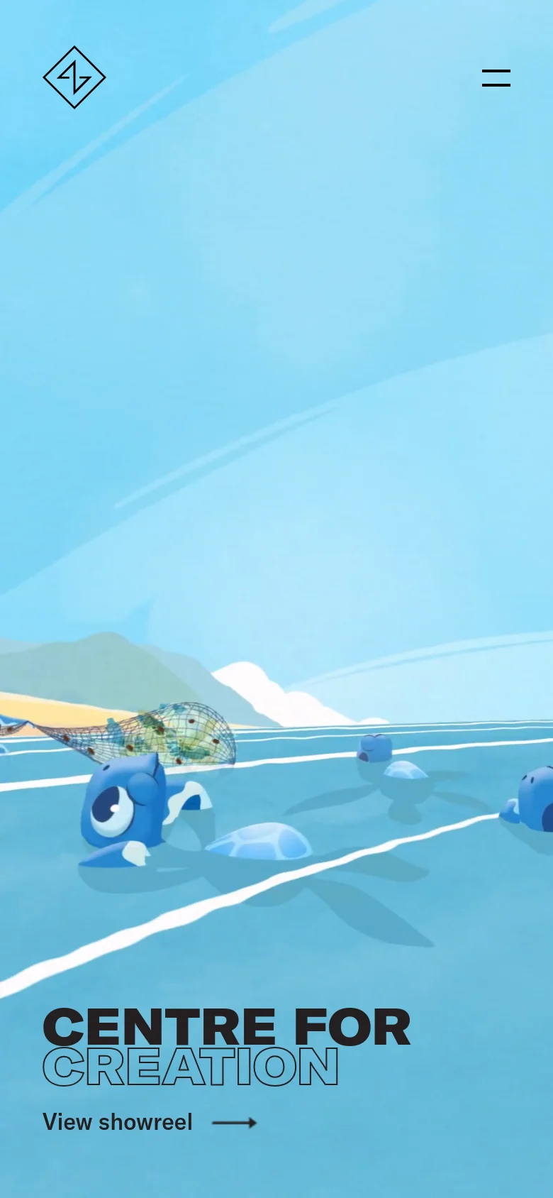 The mobile version presents a vertical layout with a bright, animated blue sea and sky scene featuring cartoon turtles. The 'CENTRE FOR CREATION' headline and 'View showreel' link are centered at the bottom of the screen. The navigation is condensed into a hamburger menu icon in the top right, while the logo remains in the top left.