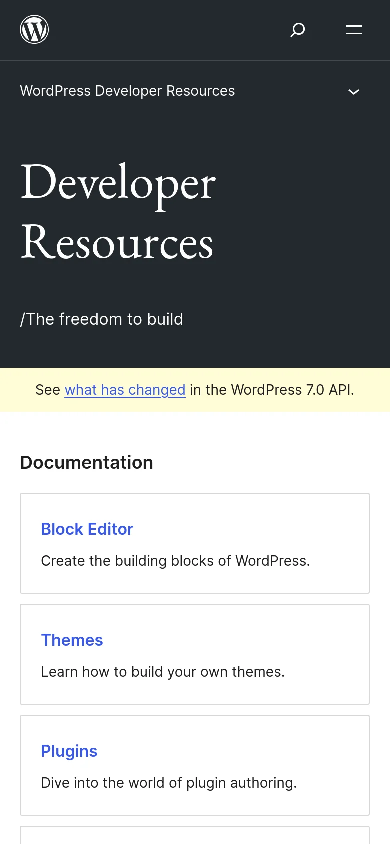 The mobile version shows a simplified layout with a dark header containing the WordPress logo, a search icon, and a hamburger menu. The hero section features large white serif text on a dark background, followed by a yellow alert bar. Documentation links are presented as large, single-column stacked cards for easy tapping on a vertical screen.
