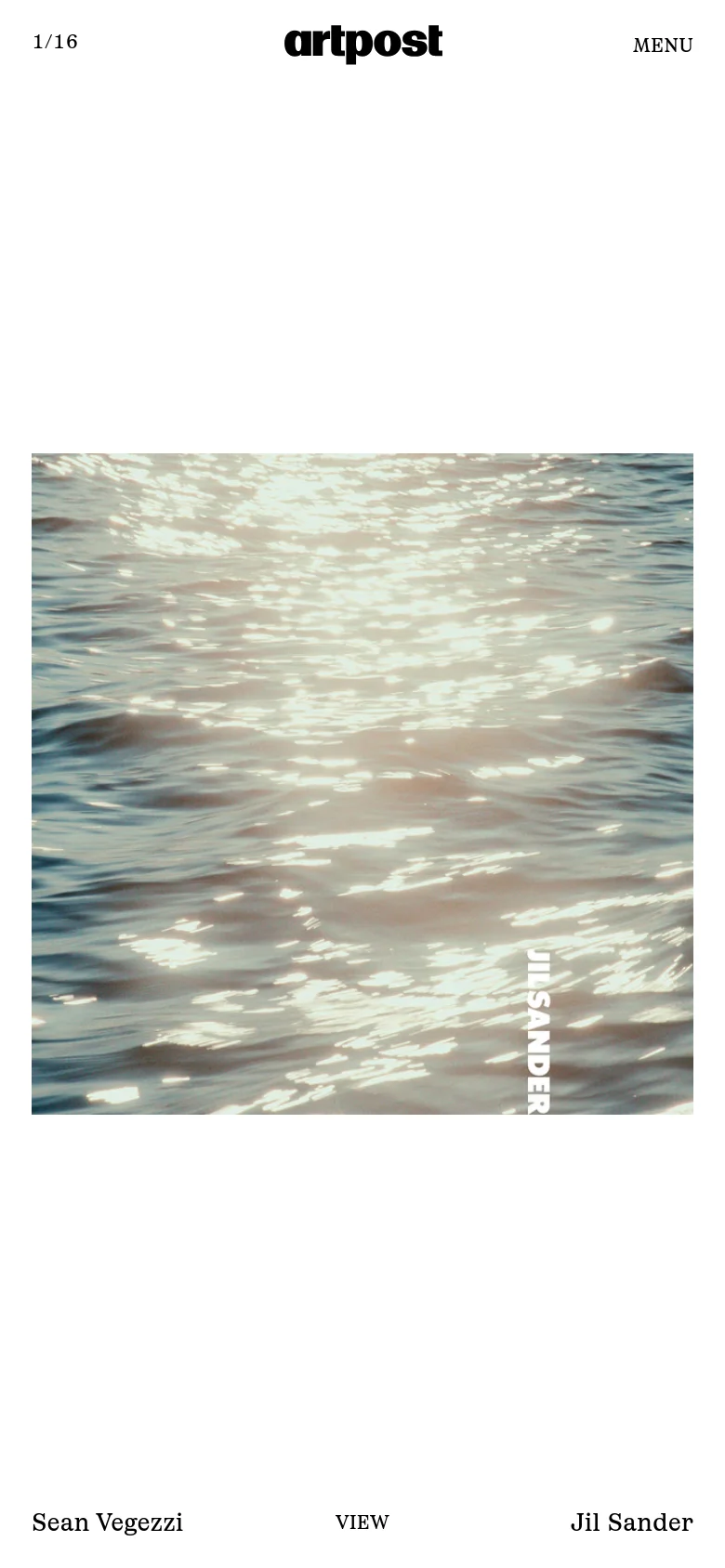 The mobile version maintains the minimalist aesthetic but uses a simplified navigation with a 'MENU' button in the top right. The large hero image of shimmering ocean water dominates the screen, and the project information is condensed at the bottom with 'Sean Vegezzi', 'VIEW', and 'Jil Sander' arranged in a single row.