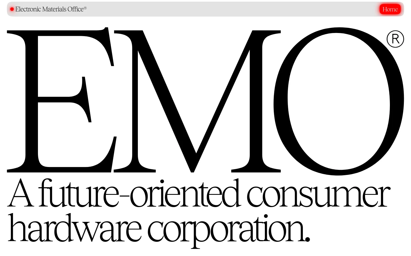 The desktop About page features a minimalist white background with a large black serif 'EMO' logo and the headline 'A future-oriented consumer hardware corporation.' Below, a numbered list of six company principles is displayed in black text, interspersed with large 'EMO' graphic elements. A light gray navigation bar at the top contains the company name and a red 'Home' button.