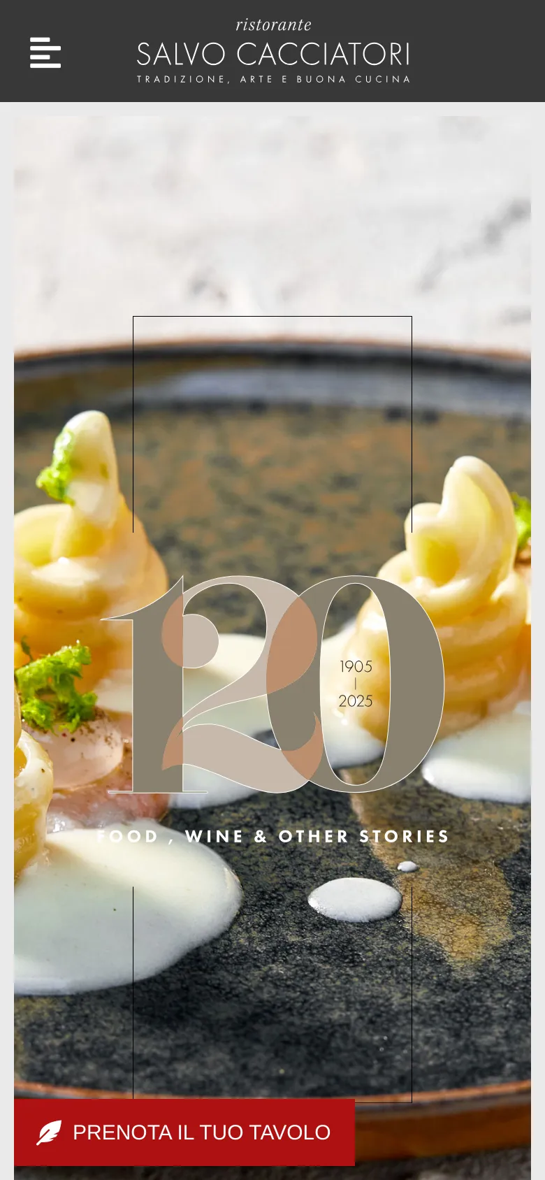 The mobile version presents a vertically oriented view of the hero food imagery, with the '120' anniversary graphic centered. The header is simplified to a hamburger menu icon on the left and the restaurant logo, while the red booking button remains fixed at the bottom of the screen.